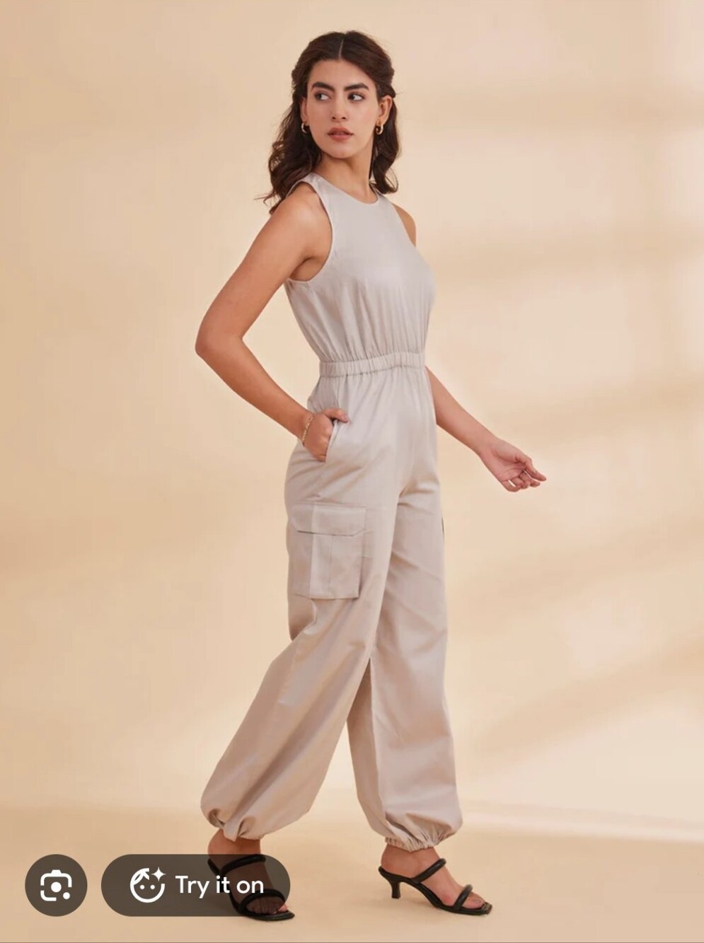 FP Movement by Free People Light Beige Cargo Racerback Jumpsuit Cotton Blend